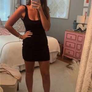 ZARA-fitted dress with ruching and deep v back